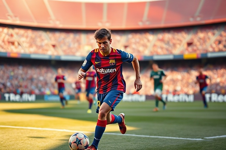 A dynamic action shot of Antoine Griezmann in Atlético Madrid colors, mid-dribble on a rain-soaked pitch, wearing the number