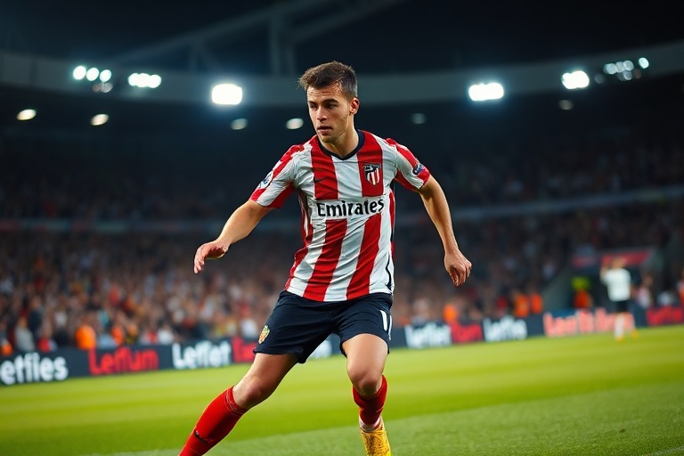 A dynamic action shot of Antoine Griezmann in Atlético Madrid colors, mid-dribble with focused intensity, wearing the number