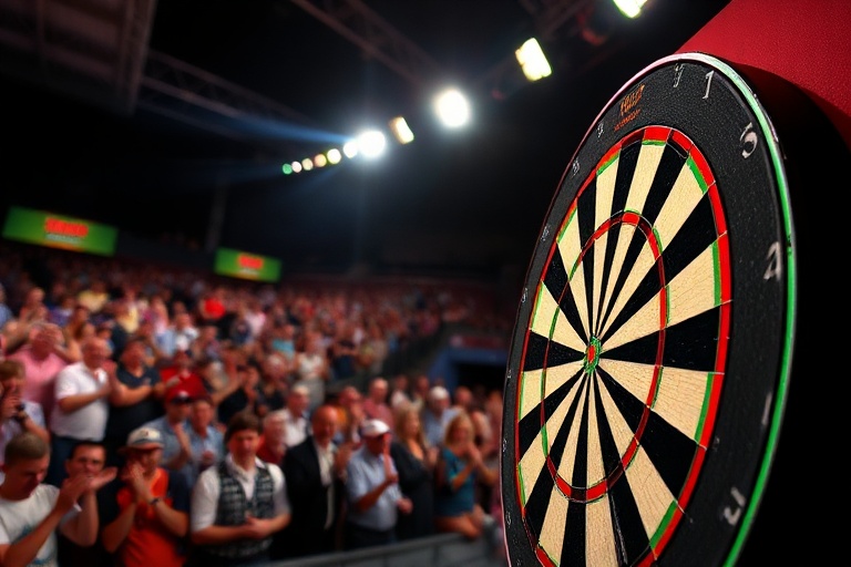 Adrian Lewis in mid-throw during his historic 2011 World Championship nine-darter, wearing a dark shirt, focused expression,