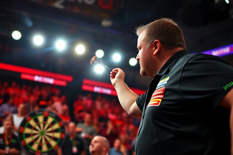 Adrian Lewis in mid-throw during his historic 2011 World Championship nine-darter, wearing a dark shirt, focused expression,
