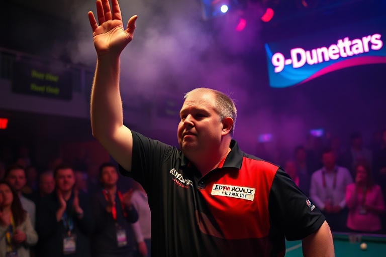 A dynamic action shot of Adrian Lewis mid-throw at a PDC World Championship event, with the dartboard in sharp focus, surroun