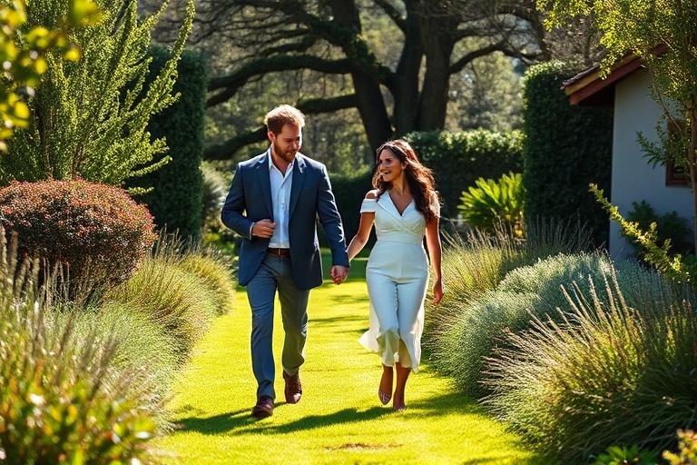 A split-image composition: one side showing Harry and Meghan in formal royal attire during a public event, the other side sho