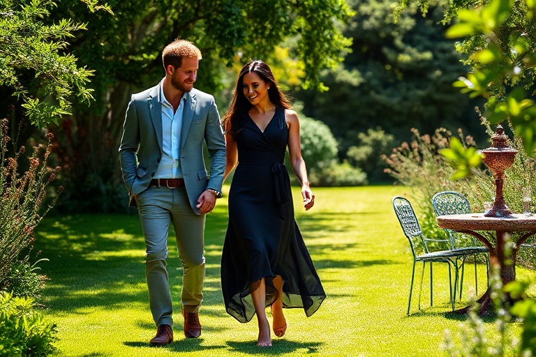 A split-image composition: one side showing Harry and Meghan in formal royal attire during a public event, the other side sho