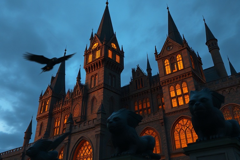 A cinematic scene from Hogwarts Legacy 2, featuring a student in Hogwarts robes casting a spell in a snowy courtyard at dusk,