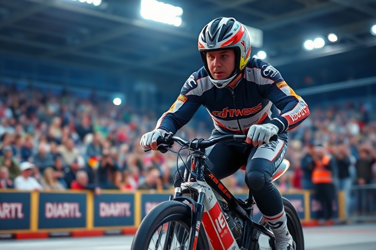 A dynamic action shot of Fredrik Lindgren in red and white racing gear, leaning into a high-speed turn on a sandy speedway tr