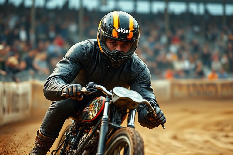A dynamic action shot of Fredrik Lindgren in red and white racing gear, leaning into a high-speed turn on a sandy speedway tr
