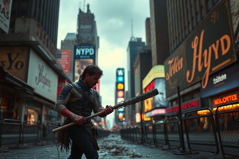 A moody, cinematic shot of Maggie and Negan standing back-to-back in the ruins of Times Square, surrounded by walkers and cru