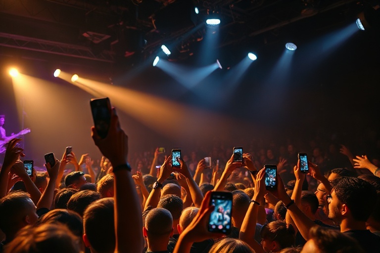 A vibrant concert scene with a diverse crowd raising their hands, LED screens displaying real-time audience polls, and hologr