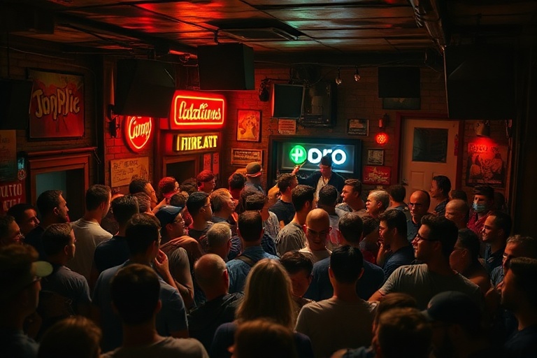 A vibrant concert scene with a diverse crowd raising their hands, LED screens displaying real-time audience polls, and hologr