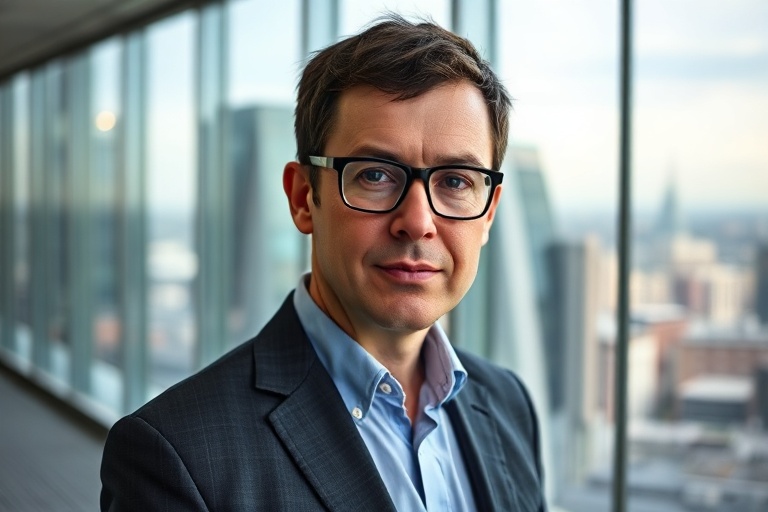 A professional portrait of Matt Brittin in a modern office setting, with digital holographic graphs and cloud icons floating