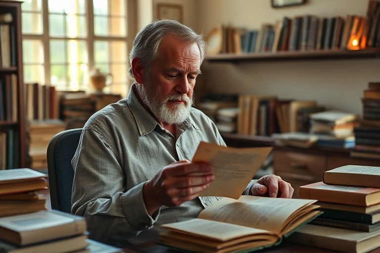A moody, cinematic photograph of an open book with scattered notes and a cup of coffee on a wooden table, bathed in soft natu