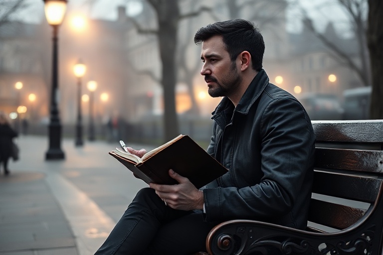A moody, cinematic photograph of an open book with scattered notes and a cup of coffee on a wooden table, bathed in soft natu