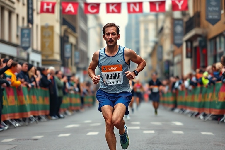 A wide-angle shot of the Hackney Half Marathon starting line in East London, with runners in motion, street art in the backgr