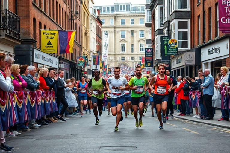 A wide-angle shot of the Hackney Half Marathon starting line in East London, with runners in motion, street art in the backgr