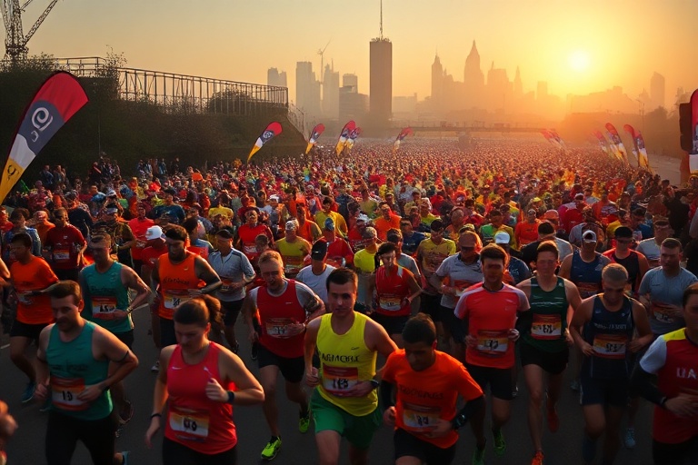 A wide-angle shot of the Hackney Half Marathon starting line in East London, with runners in motion, street art in the backgr