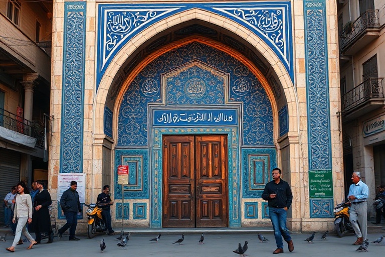 A detailed shot of Kamal Maula Mosque’s blue and turquoise tiled dome and courtyard, showing intricate geometric patterns and