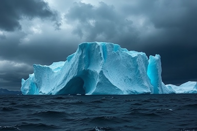 Aerial view of a massive ice shelf extending into the ocean, with dramatic calving events creating icebergs. The scene includ