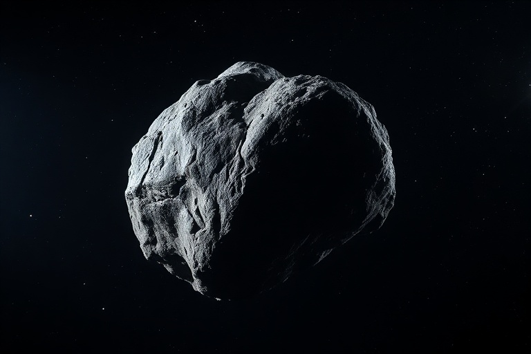 A high-resolution composite image showing a detailed asteroid surface with craters, metallic fragments, and a spacecraft in t