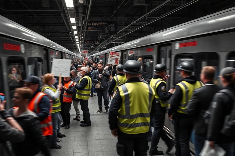A crowded train station platform with frustrated passengers waiting alongside canceled train announcements on digital boards.