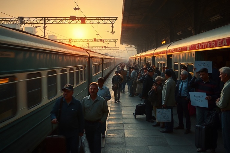 A bustling train station with empty platforms and closed ticket booths, signage indicating cancellations, and workers gathere