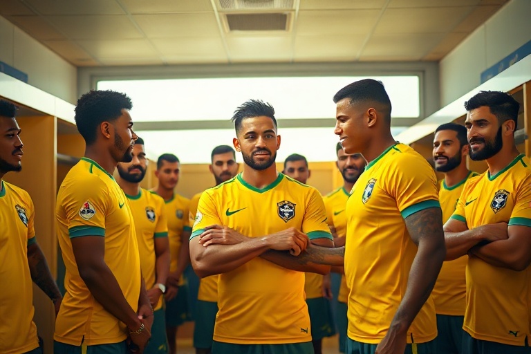 A dynamic image of Brazil's national team in training, featuring young stars like Endrick alongside veterans, set against the
