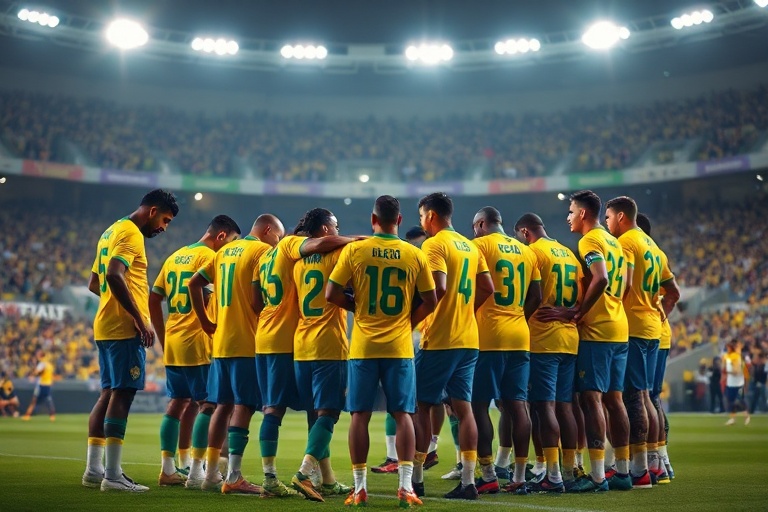 A dynamic image of Brazil's national team in training, featuring young stars like Endrick alongside veterans, set against the