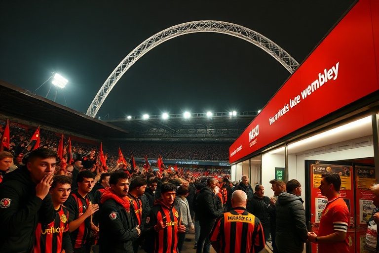 A vibrant crowd at Hull City’s stadium, with fans wearing tiger-striped scarves and jerseys, set against a backdrop of the ic