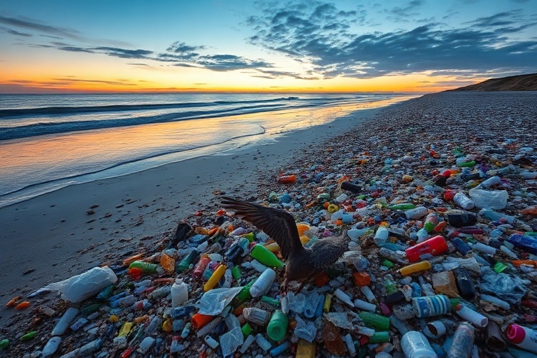 A powerful image of a polluted beach with plastic debris scattered across sand, waves lapping at piles of bottles and bags, s