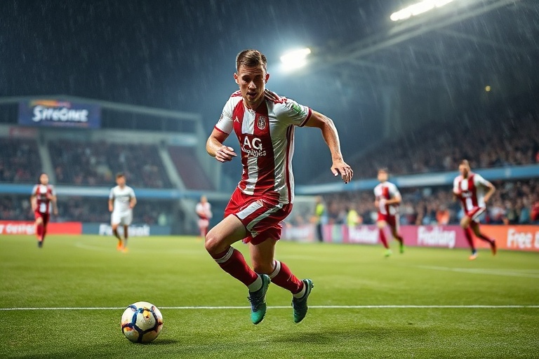 A focused teenage athlete in a bright training uniform mid-movement, surrounded by subtle motion blur to convey speed and int