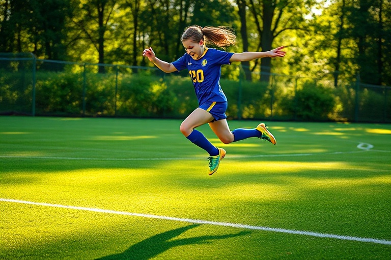 A focused teenage athlete in a bright training uniform mid-movement, surrounded by subtle motion blur to convey speed and int
