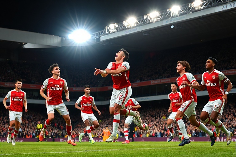 A wide-angle shot of Arsenal vs Burnley match at the Emirates Stadium, showing players in action with the Emirates Stadium cr