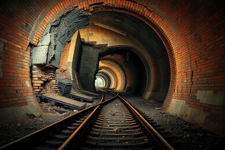 A wide-angle shot of a cracked tunnel wall inside the South Tunnel, with engineers in hard hats inspecting the damage. The tu