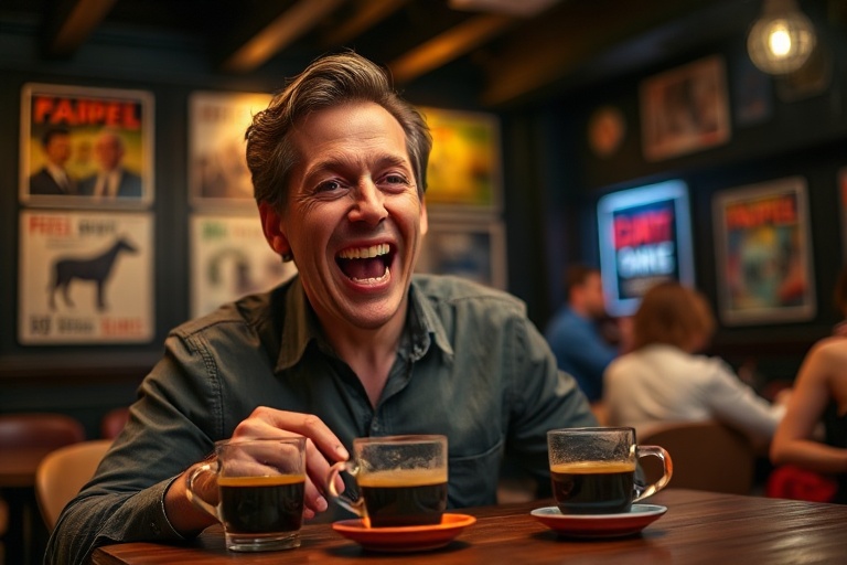 A candid photo of David Mitchell mid-laughter on stage, wearing a dark blazer and glasses, with a live audience blurred in th