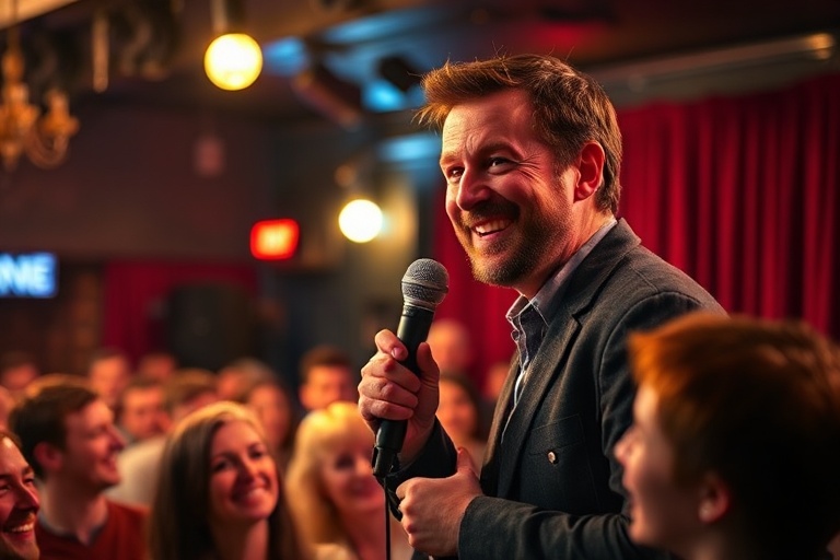 A candid photo of David Mitchell mid-laughter on stage, wearing a dark blazer and glasses, with a live audience blurred in th