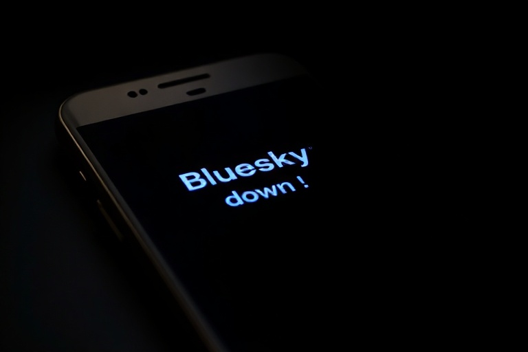 A split-screen image: on the left, a frustrated user staring at a loading screen labeled 'Bluesky Down'; on the right, a netw