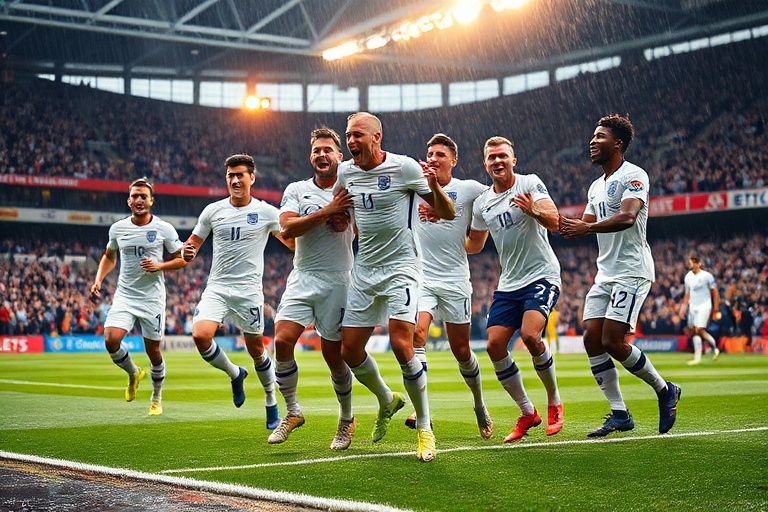 A dynamic action shot of England players celebrating on a World Cup pitch, with the St. George's Cross flag visible in the ba
