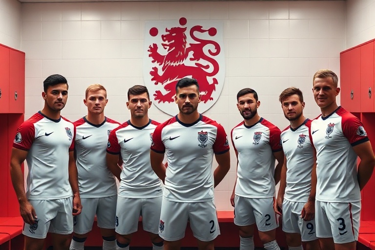 A dynamic action shot of England players celebrating on a World Cup pitch, with the St. George's Cross flag visible in the ba