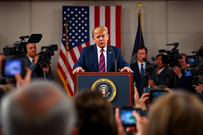 A split-screen image showing Donald Trump speaking at a podium on one side, with global landmarks (e.g., the U.S. Capitol, Ei