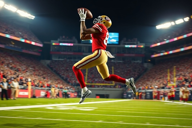 A dynamic action shot of a San Francisco 49ers tight end, likely George Kittle or Brayden Willis, running a route against a d