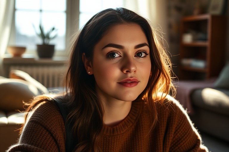 A candid portrait of Ariel Winter in her late 20s, wearing a neutral-toned outfit, seated in a modern living room with soft n
