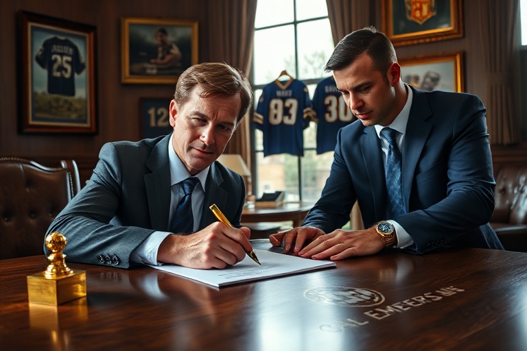 A professional athlete signing a contract on a sleek table, with team executives in the background and a signed document in f