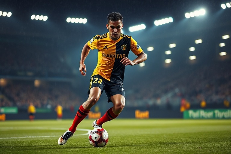 Douglas Santos in action, wearing a yellow and black Shakhtar Donetsk jersey, sprinting down the left flank with the ball at