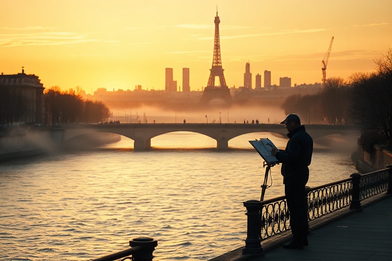 A scenic view of Paris with the Eiffel Tower in the background, featuring a mix of sunny and overcast skies, blooming trees i