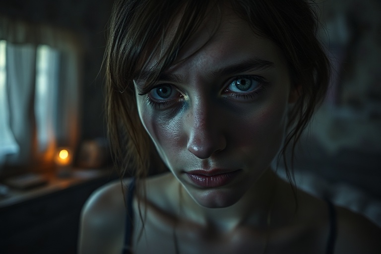 A woman sitting alone in a dimly lit room, reflecting on her thoughts, with a look of contemplation and vulnerability.