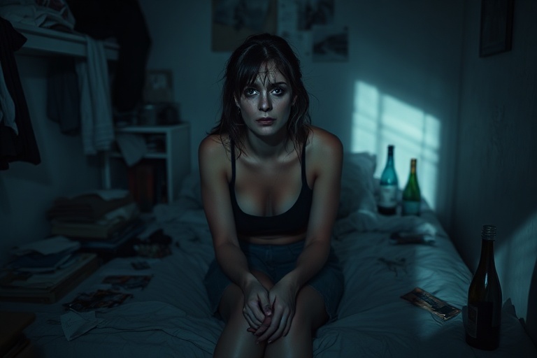 A woman sitting alone in a dimly lit room, reflecting on her thoughts, with a look of contemplation and vulnerability.