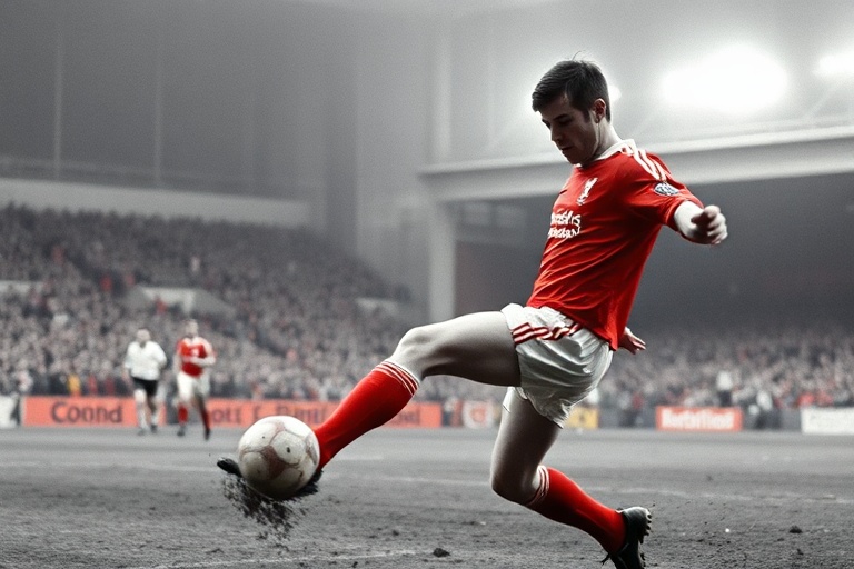 A dynamic action shot of John Aldridge in a Liverpool kit, mid-celebration after scoring a crucial goal, with Anfield’s Kop i