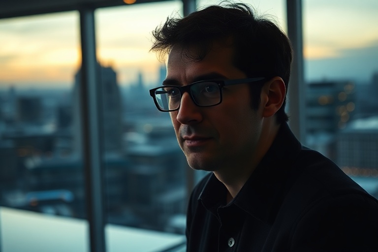 A portrait of Demis Hassabis in a modern office setting, surrounded by AI-related technology and screens displaying data and