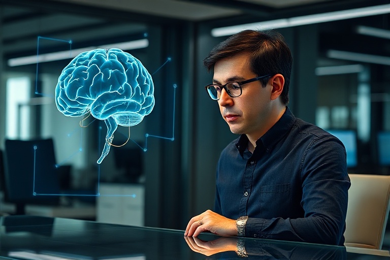 A portrait of Demis Hassabis in a modern office setting, surrounded by AI-related technology and screens displaying data and