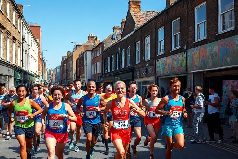 A split-screen image: on the left, a diverse group of people in an urban setting looking at a smartphone displaying a survey