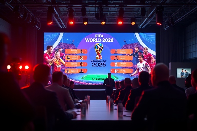 A vibrant stadium filled with fans, showcasing a World Cup group stage match with players in action. The scene captures the i
